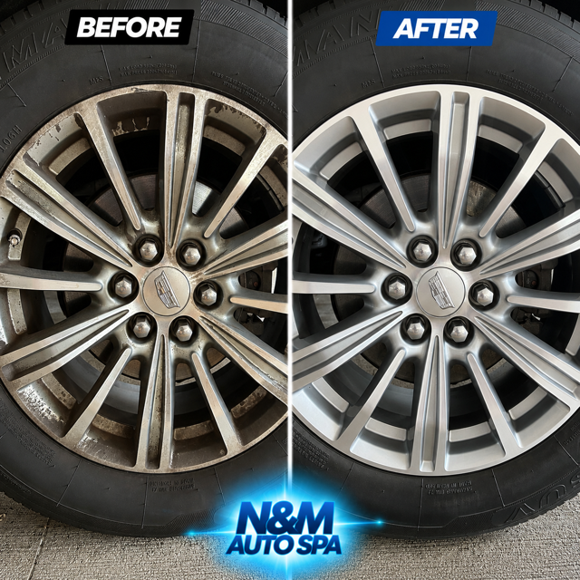 Cadillac alloy wheel before and after decontamination, brake dust removed