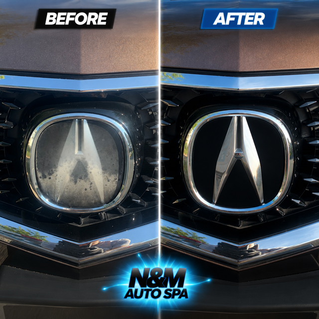Acura grille badge before and after cleaning and polishing