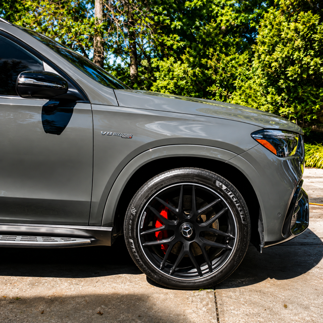 Grey Mercedes-AMG GLE with deep gloss paint and dressed tyres after detailing