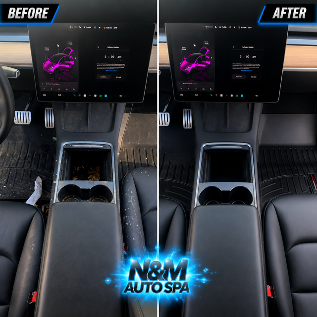 Tesla center console before and after an interior deep clean